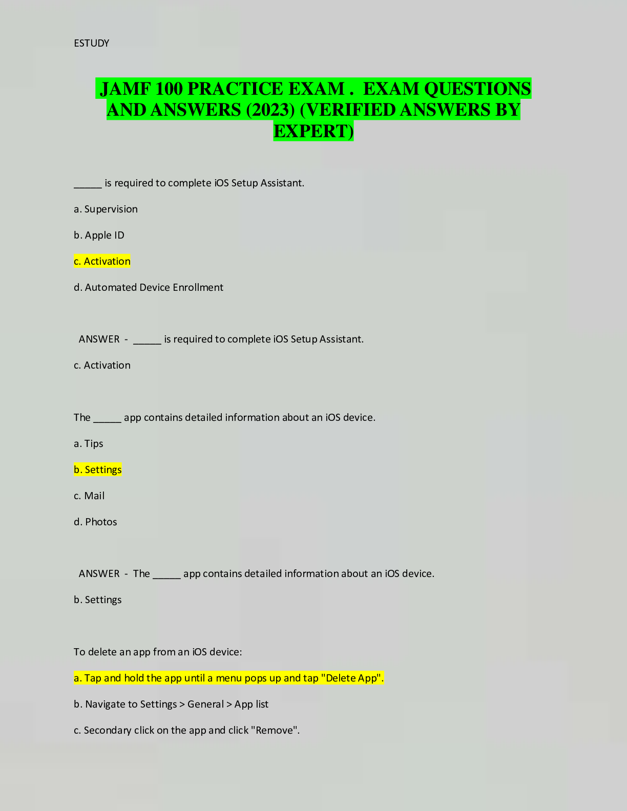 Preview of JAMF 100 PRACTICE EXAM . EXAM QUESTIONS  AND ANSWERS (2023) (VERIFIED ANSWERS BY  EXPERT)